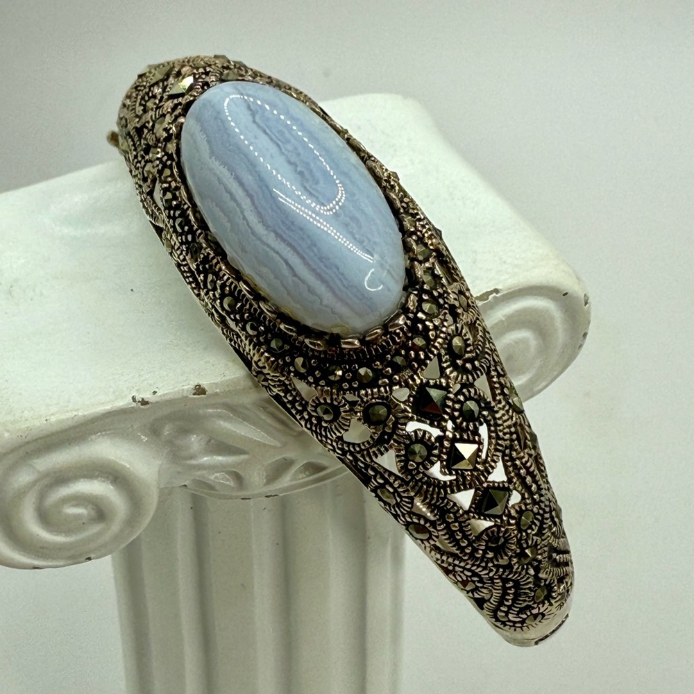 Vintage Sterling Silver Marcasite & Blue Lace Agate Hinged Bangle Bracelet 6.5-7 - Picture 16 of 17